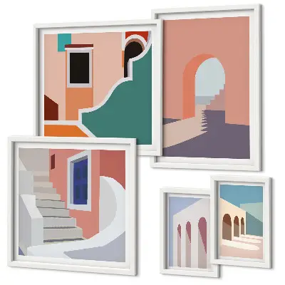 Set di quadri incorniciati con grafica architettonica pastello