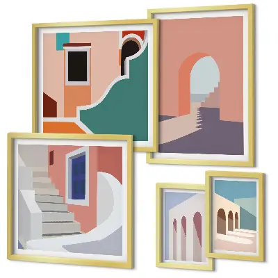 Set di quadri incorniciati con grafica architettonica pastello