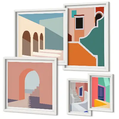 Set di 5 quadri con illustrazioni colorate di edifici
