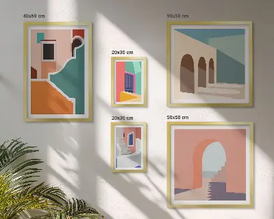 Set di 5 quadri con illustrazioni colorate di edifici