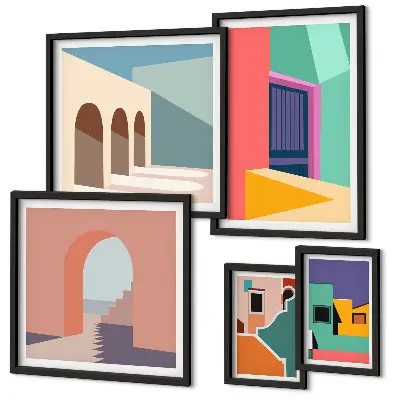 Set di quadri incorniciati con illustrazioni colorate della città