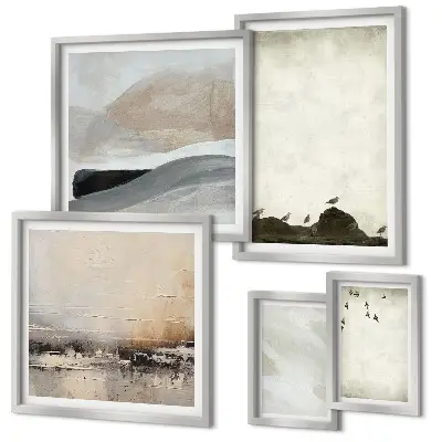 Polittico con cornice decorato con uccelli, rocce e pennellate