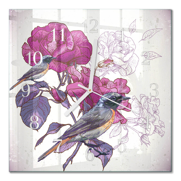 Orologio in vetro decorativo quadrato Uccelli e fiori