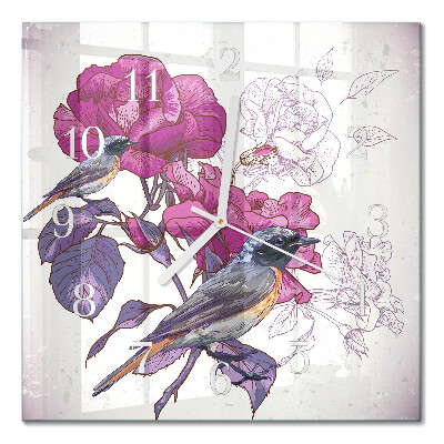 Orologio in vetro decorativo quadrato Uccelli e fiori