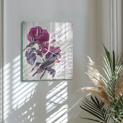Orologio in vetro decorativo quadrato Uccelli e fiori