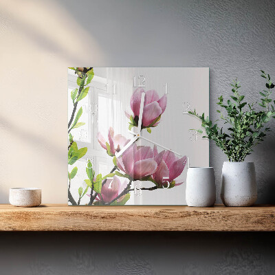 Quadrato orologio quadrato in vetro Fiore di magnolia