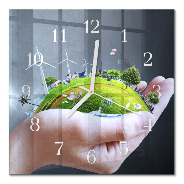 Quadrato orologio quadrato in vetro La Terra in mano