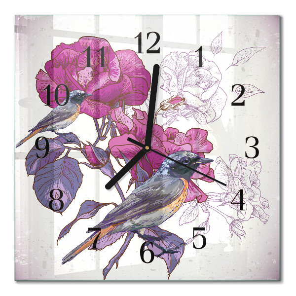 Quadrato orologio in vetro decorativo Uccelli e fiori
