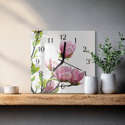 Orologio quadrato in vetro Fiore di magnolia